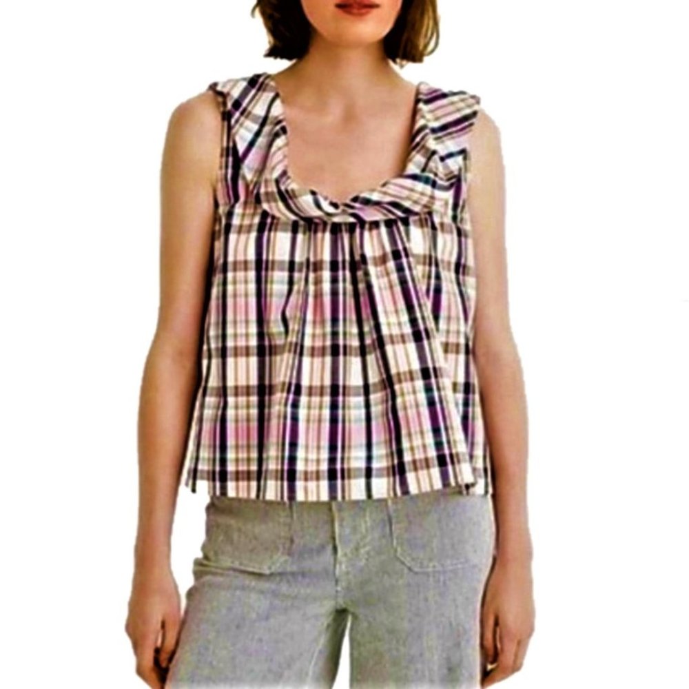 J. Crew Plaid Ruffled Neckline Sleeveless Top